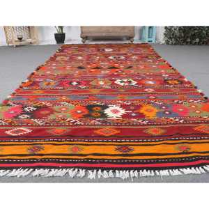 4.7x10.7 ft Rug, Vintage Turkish Large Rug, <b>Red</b> Kilim <b>Wool</b> Rug - Product Image 5