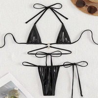 Micro mini maillot de bain pour femmes Sexy Couleur unie Lacets Maillot de bain à séchage rapide Ensemble bikini deux pièces