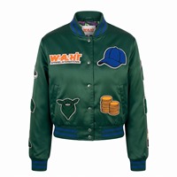 Blouson bomber court en satin pour femme, vert forêt, bleu roi, avec patch gant en chenille, doublure par sublimation, logo personnalisé, OEM