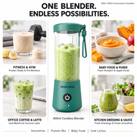 Blender Portabel Tanpa Kabel 400ml, Pengolah Makanan, Mixer Protein Shake, Pembuat Jus Buah, Penghancur Es untuk Grosir OEM ODM