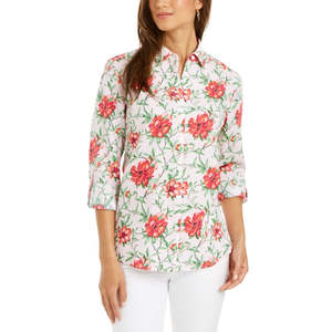 Camicetta Casual da Donna Charter Club con Stampa Floreale, in Popeline Rosa con Bottoni Frontali e Maniche Arrotolabili, Taglia XXL per Primavera/Estate - Product Image 1