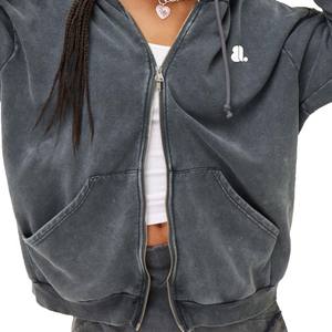 Venta al por mayor de ácido personalizado Zip up Hoodie para las mujeres sólido Vintage Look Oversized poliéster algodón Casual invierno ecológico - Product Image 5