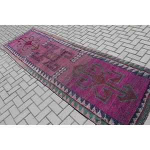 3.37x10.3 ft <b>Rug</b>, Vintage Turkish <b>Runner</b> <b>Rug</b>, Pink Herki Wool <b>Rug</b> - Product Image 4