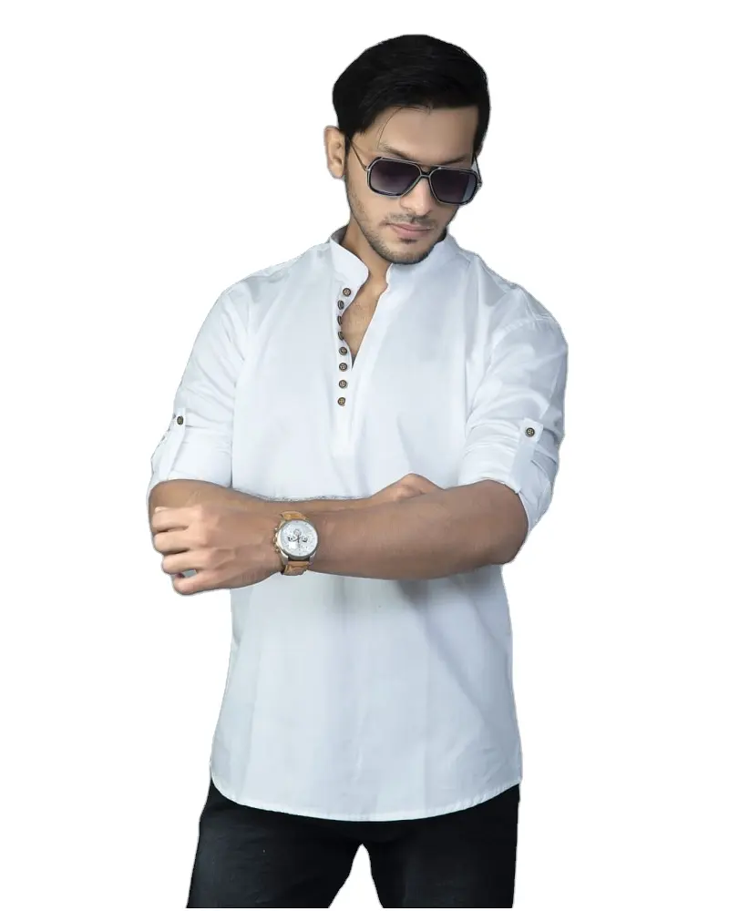 Indiase Shirt Kurta Effen Shirt Heren Top Tuniek Wit Kleur Korte Kurta