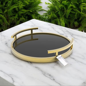 Luxury Gold Metal <b>Mirror</b> Serving <b>Tray</b> Elegant <b>Round</b> Design Sturdy Handles Stylish Centerpiece for Dining Table Decor - Product Image 1