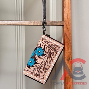 Portefeuille en cuir véritable taillé à la main sculpture portefeuille fleur turquoise multi-usages portefeuilles Offre Spéciale multi-usages pour femmes - Product Image 1