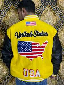 Chaqueta Universitaria Unisex de Diseño Personalizado de Primera Calidad, Cuello Mao, 100% Lana, Mangas de Cuero, Logotipo Frontal en Lona - Product Image 3