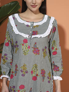 Chemise de nuit élégante décontractée pour femmes, 100% coton, imprimé floral victorien, respirante, douce et lisse, manches longues, pour l'été, l'automne et le printemps - Product Image 5