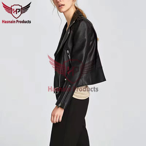 Chaqueta de cuero genuino negro para mujer, estilo motero, con cremallera asimétrica, cintura con cinturón, abrigo de piel de oveja, solapa, bolsillos con cremallera, ajuste personalizado, estilo exterior. - Product Image 6