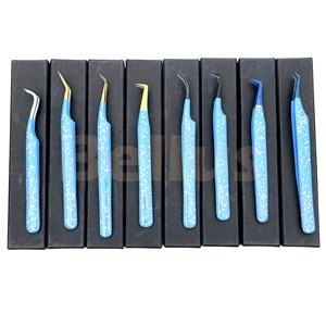 Pinzas de extensión de pestañas de acero inoxidable hechas a mano de marca personalizada, tipos de puntas múltiples con purpurina azul para salón y uso doméstico - Product Image 3