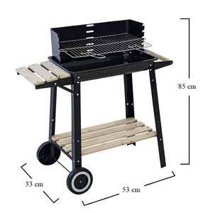 Barbecue carbone 53x33x85 cm con carrello 2 ripiani in legno griglia regolabile nero BBQ-per uso giardino - Product Image 2