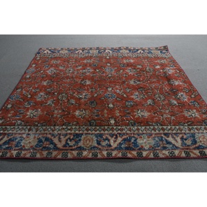 Turkish Vintage Rug 3,7x3,7 ft, <b>Red</b> Abstract <b>Wool</b> Rug - Product Image 3
