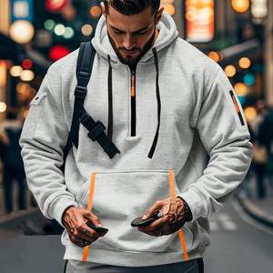 Pull-over athlétique basique à manches longues et fermeture éclair pour hommes, sweat-shirt d'entraînement en polaire d'hiver avec poche kanga - Product Image 3
