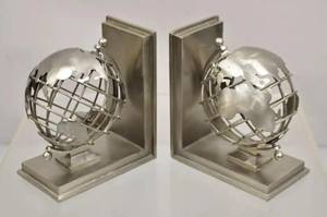 Restoration Hardware Industrial Modern Metal Spinning <b>World</b> <b>Globe</b> Bookends Heavy Duty Silver Desk Decor Pair - Product Image 2