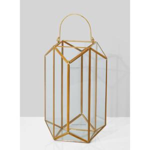 Portavelas de linterna de latón y vidrio transparente con acabado dorado de diseño estándar para la decoración de Mesa del hogar y la boda - Product Image 1