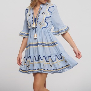 PRINTED FASHION SHORT BLUE <strong>DRESS</strong> WITH GOLD/BLUE EMBROIDERY DECORATED WITH NECK TUSSLES ONE SIZE (100% COTTON) - Product Image 1
