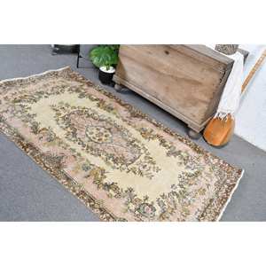 Tapis turc vintage beige marron 3.7x7 pieds fait à la main classique grande surface rectangle laine latex support patchwork pour chambre d'ado - Product Image 4