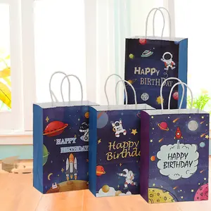Dış uzay hediye keseleri Favor Goodie çanta kağıt ikram çantaları çocuklar için doğum günü uzay tema parti malzemeleri gezegen Galaxy parti kabul