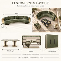 Ensemble de meubles de luxe pour toute la maison : canapé en tissu courbé, chaise à structure métallique, table à manger en pierre frittée, lit rembourré, placage bois