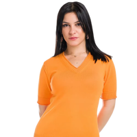 Pull en tricot italien Helen pour femme, élégant et décontracté, col en V avec nœud, tricot plat, manches courtes, confortable, fin, hiver, 100% coton