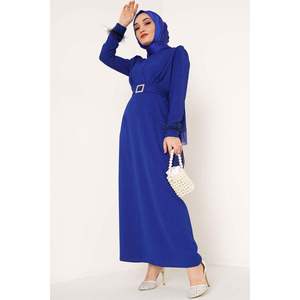 <b>Belted</b> <b>Dress</b> with Feathered Sleeves in Saxe - Product Image 1