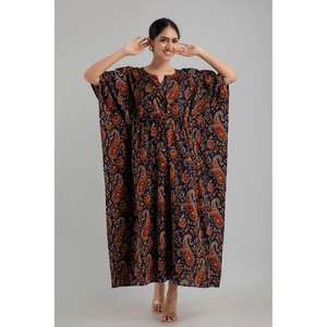 Azul oscuro Estampado floral Kaftan Maxi Vestido étnico Tamaño libre Hasta el suelo Algodón puro Estilo casual para el día - Product Image 6