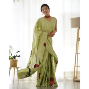 Magnifique sari en satin Banarasi vert Riva avec peinture à la main, léger, doux, pour les fêtes et les mariages indiens, pour femmes - Product Image 5