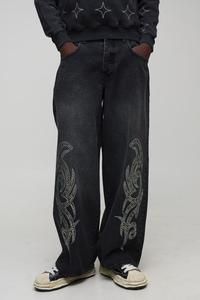 Pakistán fabricante de alta calidad personalizado diamantes de imitación de algodón lavado pantalones vaqueros de los hombres de la calle suelta holgada mezclilla de pierna ancha - Product Image 2