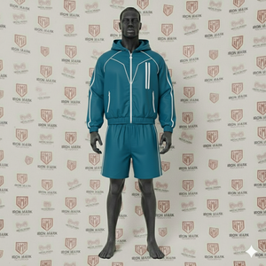 Ensemble de survêtement court deux pièces décontracté pour homme, style streetwear hiver, en tissu épais uni, avec veste coupe-vent à capuche zippée et short - Product Image 3