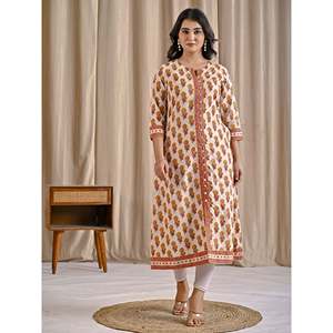 Kurti Aline de Algodón Estampado con Bloques Butti Blanco y Amarillo, Ropa Regional - Product Image 4