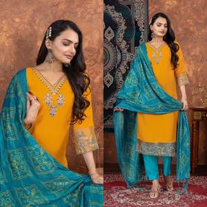 Elegante Maruti Fashion Pakistani-Style Kurta Pant Set para mujer Vestido de rayón suave con mangas largas Bandhani Dupatta Wedding - Product Image 3