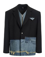 2025 Niche Design manteaux sur mesure personnalité Faux deux pièces épissé Denim Blazers mâle beau à manches longues costume vestes pour hommes