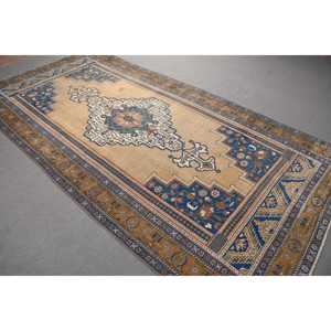 Alfombra Vintage de 5.2x10.3 pies, Alfombra Turca Grande, Alfombra de Lana con Rayas Azules - Product Image 1