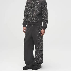 2025 personalizado para hombre Streetwear Jogger francés Terry algodón pantalones de gran tamaño diamantes de imitación pierna ancha lavado ácido pantalones de chándal acampanados - Product Image 6