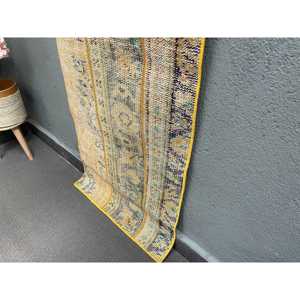พรมวินเทจขนาด 1.9x6.4 ฟุต, พรมตุรกีแบบ Runner, พรมลายดอกไม้สีเหลืองน้ำเงิน - Product Image 3