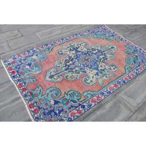 4.3x7.1 ft Vintage Turkish Rug, Area Rug, <b>Red</b> Blue Striped <b>Wool</b> Rug - Product Image 3