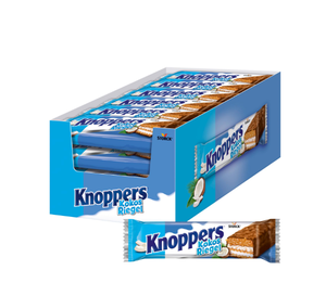 Knoppers Waffle Bar 24X40g Textura crujiente Crema de leche Sabor dulce Enrollado Caja empaquetada Bolsa Forma de corazón Austria - Product Image 1