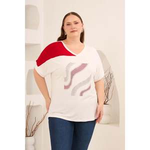 T-shirt imprimé pierre grande taille orné, écru rouge - Product Image 1
