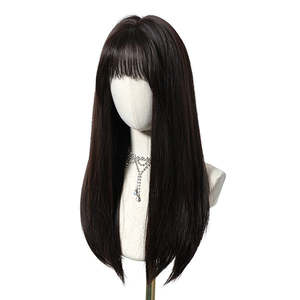 Katie-DWY Long-Length Glueless Synthetic <b>Wig</b> <b>Black</b> with Sliky Straight Bangs Transparent Lace Color - Product Image 5