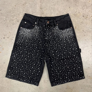 Custom 2025 Oversized Acid Wash Diamond Crystal Denim Shorts Jeans Streetwear Rhinestone Baggy Jorts Hombres - Product Image 3