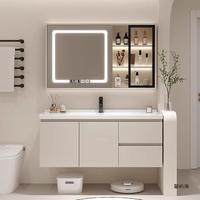 Meuble-lavabo de salle de bain en PVC blanc, style européen, personnalisable, durable, avec espace de rangement dissimulé et vasque intégrée, pour la vente en gros