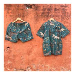 Conjunto de Pijama Corto de Algodón Estampado a Mano con Diseño Floral Marrón para Mujer, Ropa de Dormir de Verano con Ribete Blanco, Estilo Boho - Product Image 1