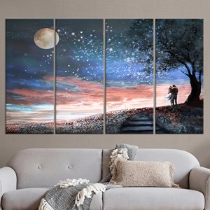 Superbe tableau mural en toile imprimé avec couple sous les étoiles - Scène nocturne élégante, lot de 4 toiles - Product Image 1