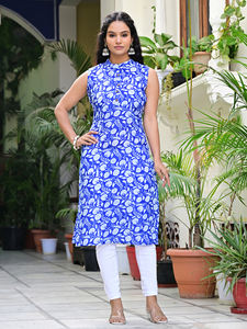 ชุดคุर्ติผ้าฝ้ายแขนกุดสำหรับผู้หญิง สีน้ำเงินรอยัล ลายดอกไม้ แห้งเร็ว ทรงตรง คอจีน สไตล์ลำลอง สำหรับงานปาร์ตี้ - Product Image 3