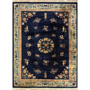 Alfombra de Lana Anudada a Mano Azul Pechino para el Hogar, Alfombra Clásica Rectangular con Diseño de Medallón para Sala de Estar o Pasillo - Product Image 1