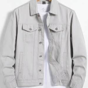 แจ็กเก็ตยีนส์สีเทาของผู้ชายทรงหลวมปกคอปกแบบลำลองดีไซน์กระดุมแถวเดียวซักได้พร้อมกระเป๋า - Product Image 1