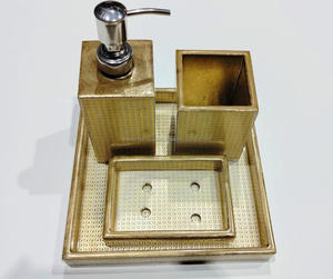 Enamel MDF Wooden MDF Bath Hex Decor Bathroom Accessory <b>Set</b> of 4 Liquid <b>Soap</b> Dispenser 2 Tumblers <b>Soap</b> Tray - Product Image 2