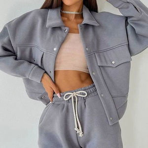 Conjunto Deportivo de 2 Piezas para Mujer, Color Sólido, Top Corto, Manga Larga, Sudadera Informal, Traje para Correr - Product Image 4