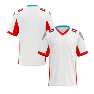 Custom American Football <b>Jersey</b> <b>White</b> Blue V-Neck <b>Short</b> Sleeve Printed Breathable Quick Dry 100% Cotton Men's Team Apparel - Product Image 4
