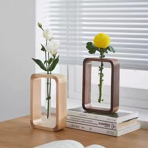 Jarrón de Madera Natural con Soporte de Tubo de Vidrio para Flores, Decoración Moderna para el Hogar, Oficina, Escritorio, Centro de Mesa - Product Image 1